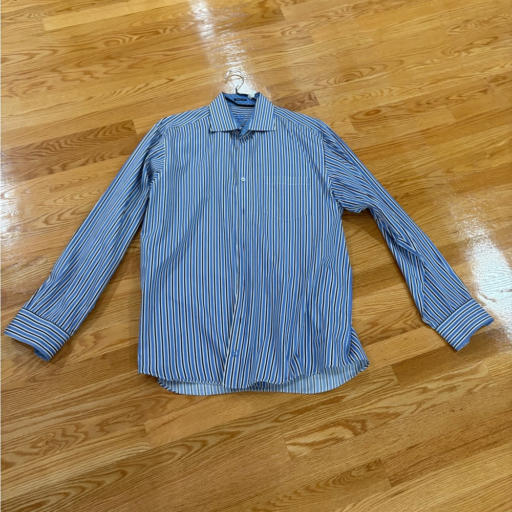 Bugatchi Blue and White Striped Casual Shirt